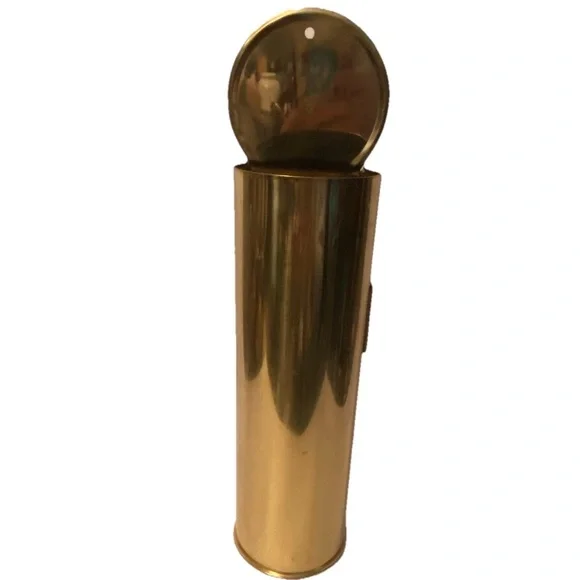 VTG Cylinder Brass Fireplace Match Holder Long Stick Matches Wall Hanging 13”